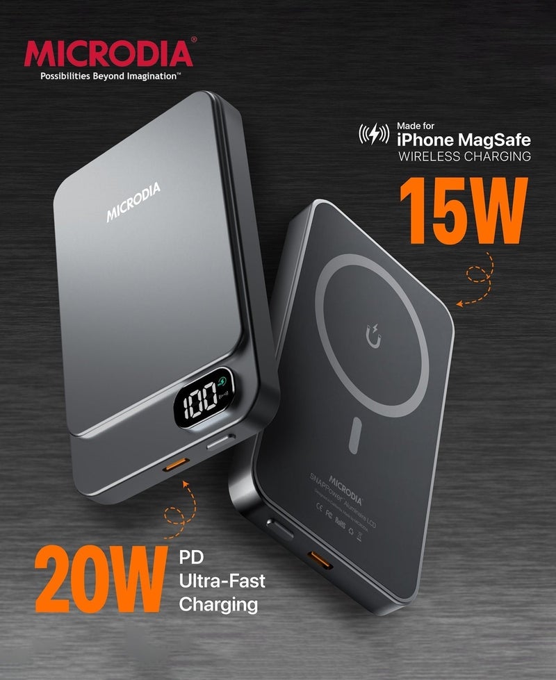 MICRODIA SNAPPower 35W PD Magnetic Wireless Power Bank 10000mAh, Portable Charger with USB-C Cable, MagSafe Battery Pack – Charcoal - Image 3